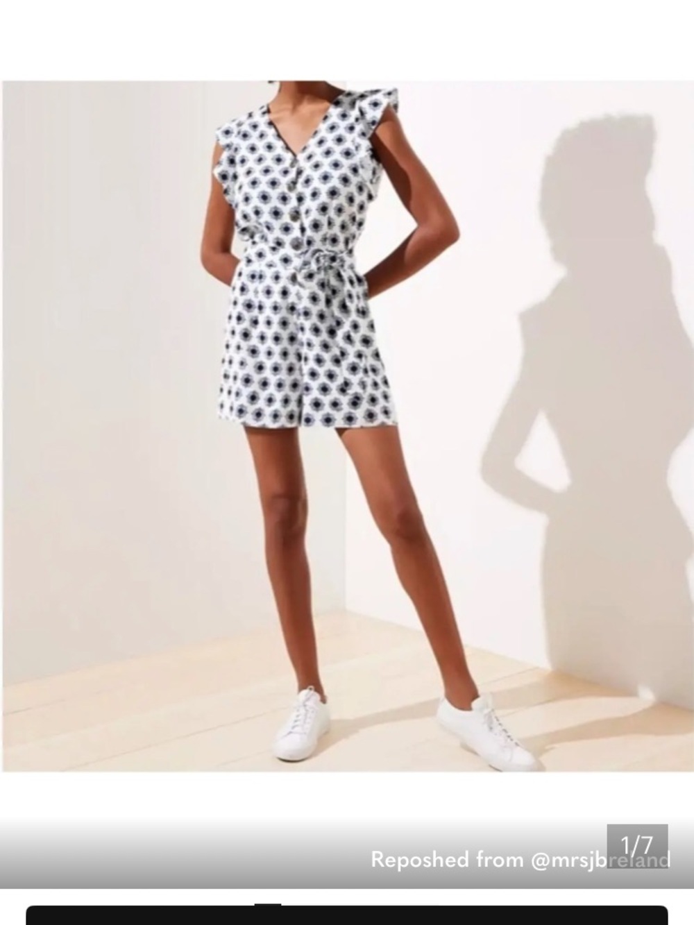 LOFT White Linen Romper with Navy Floral Print